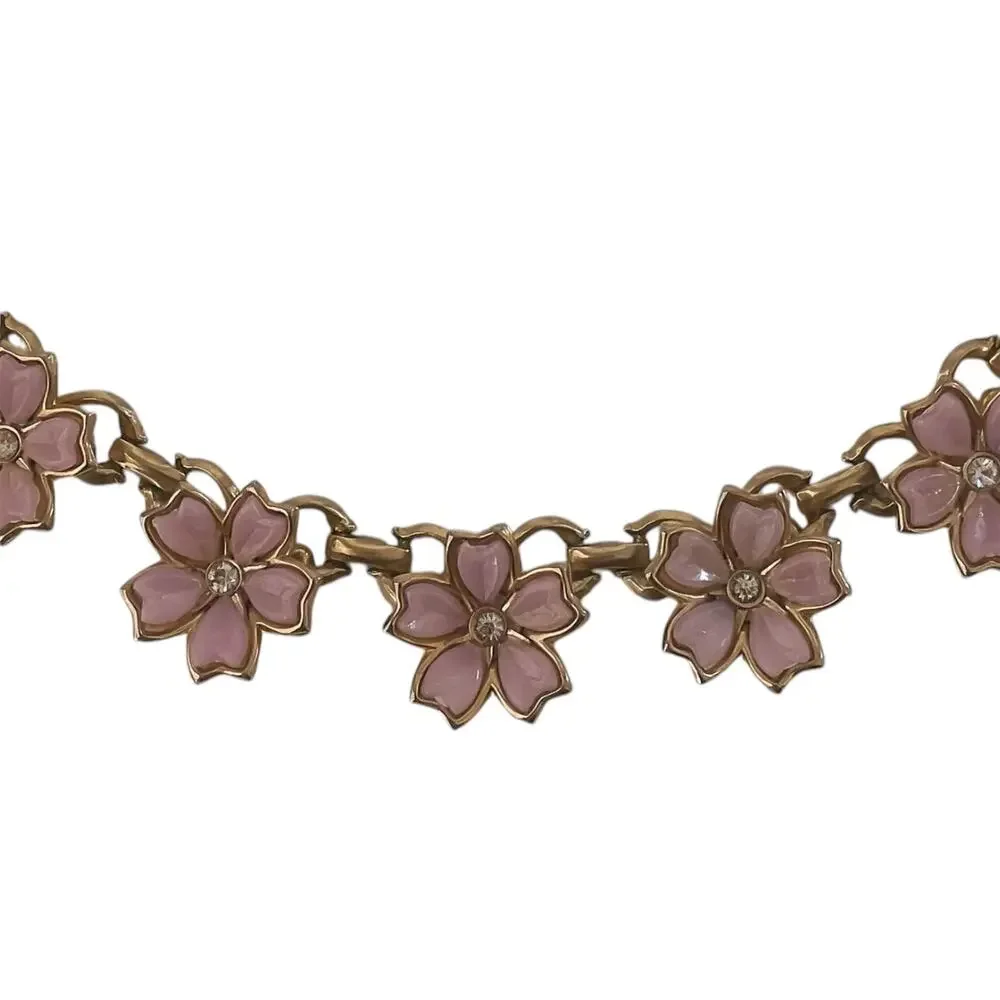 1960s Lavender Thermoset White Rhinestones Flower Adjustable Choker Necklace - Picture 5 of 6